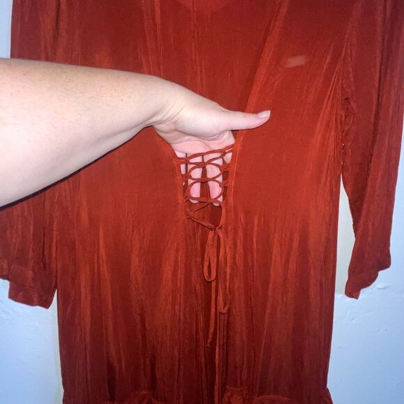 Click by Color Me Cotton Midi Dress M Cupro Rayon Rust Corset Tie Back READ - Picture 4 of 12